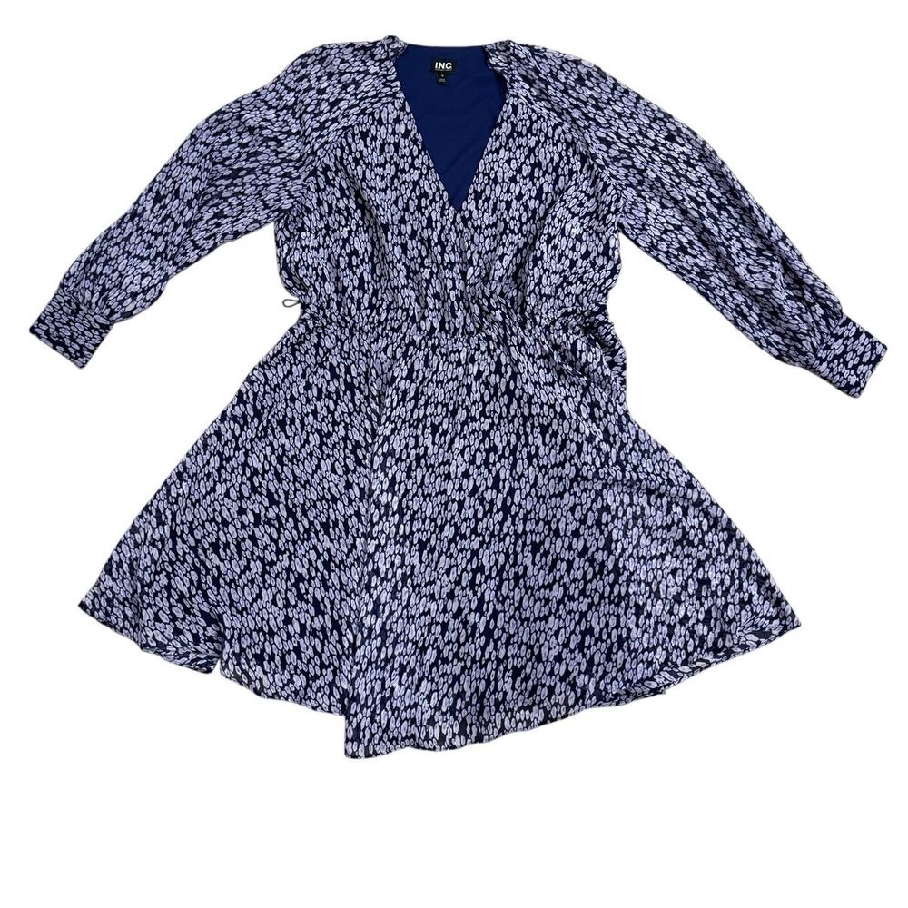 INC 1X Navy Floral Wrap Dress Long Sleeve V-Neck Belted Midi